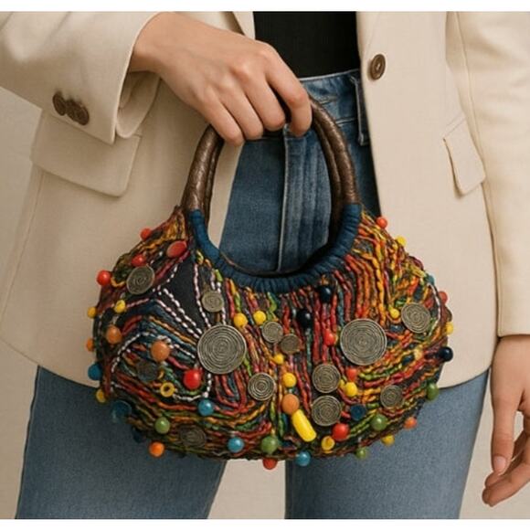 Chico's Heavily Beaded Coins Handbag Art to Wear Boho Kaleidoscop Silver Rings - Picture 1 of 9